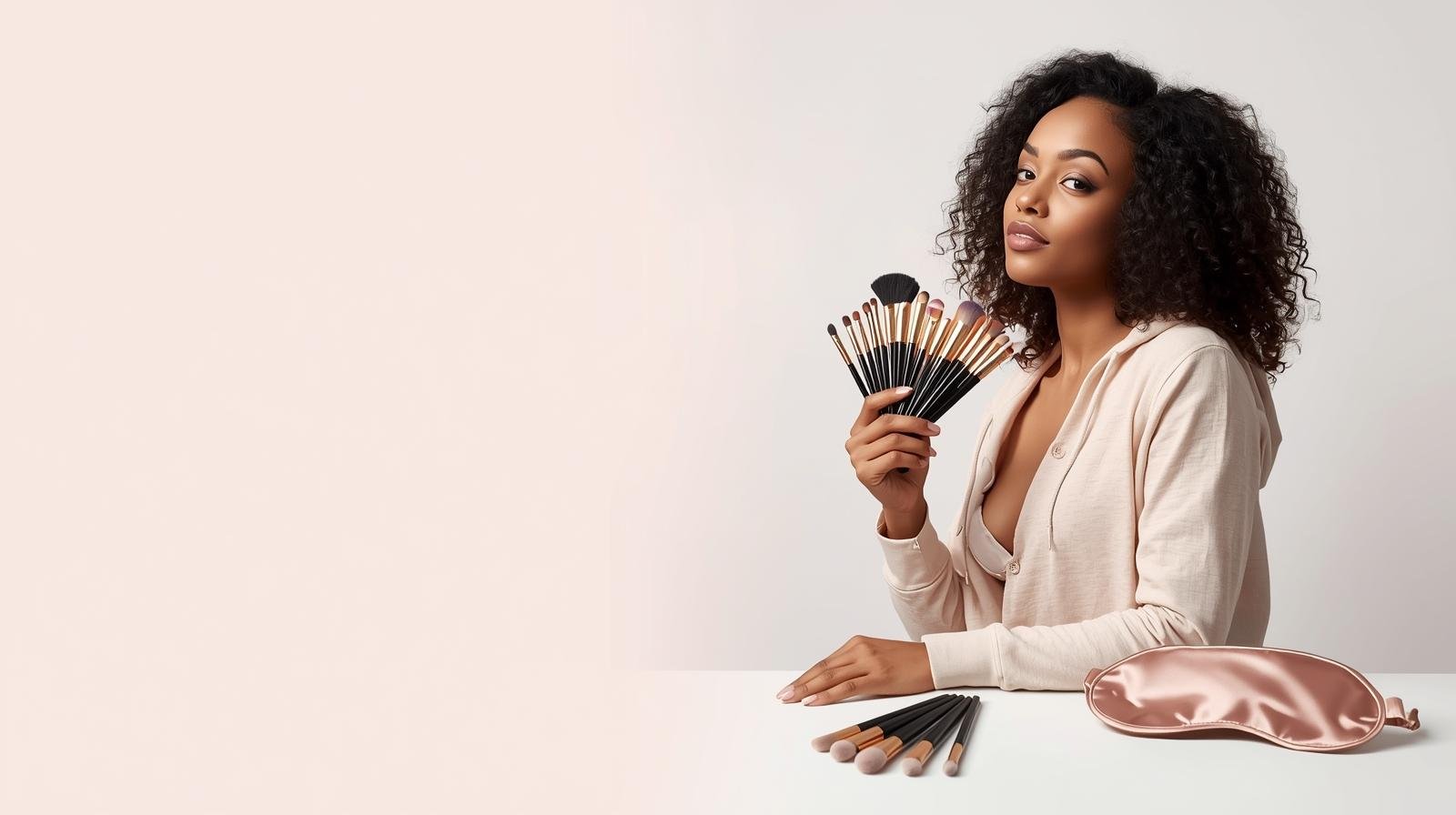Główny baner sklepu – kobieta w jasnej bluzie trzyma wachlarz pędzli do makijażu na jasnym tle