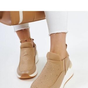 Brązowe sneakersy na koturnie z cyrkoniami Ashleey - Solea